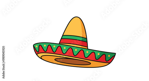 Traditional Mexican sombrero hat with a tall yellow crown and a wide brim decorated with green and red zigzag patterns.