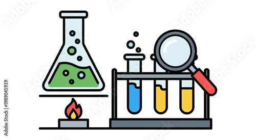 Laboratory equipment with test tubes, flask on burner, magnifying glass, science concept