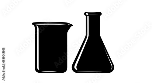 Laboratory glassware icons: beaker and Erlenmeyer flask, black silhouette on white background
