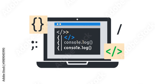 Laptop with code on screen, programming icons, web development concept
