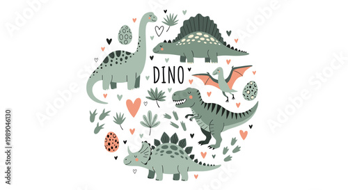Cute circular arrangement of various cartoon dinosaurs including a long neck a t-rex and a triceratops with hearts and leaves.