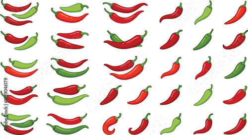 Chili Pepper Collection with Red and Green Hot Peppers in Different Shapes for Spicy Food Design, Cooking Ingredients and Kitchen Vector Illustration Set