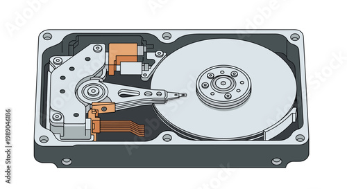 Detailed technical illustration of the internal components of a computer hard disk drive including the platter and actuator arm.