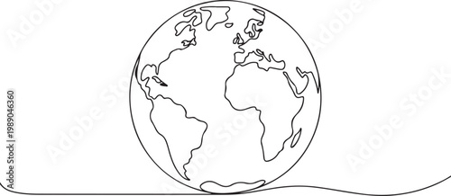 Earth Globe Continuous One Line Minimal Line Art World Map Illustration