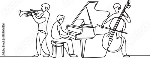Jazz Band Continuous One Line Drawing Musicians Playing Piano Trumpet and Double Bass