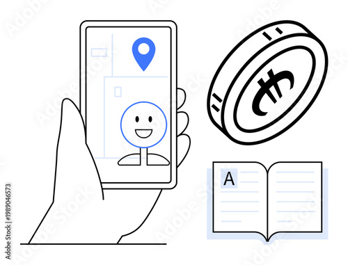 Digital payments, location services, online education, virtual identity, cryptocurrency, mapping tools. A hand holding a smartphone, coin icon and open book. Digital payments and location services