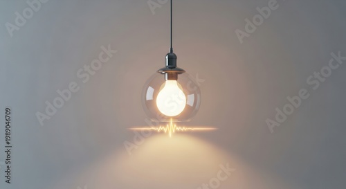 Modern transparent orb pendant light bulb casting warm glow with a dynamic waveform representation