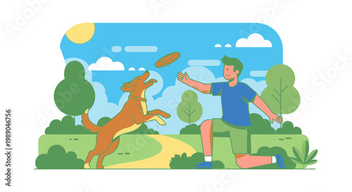 Man Playing with Brown Dog Outdoors.
