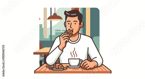 Man eating pastry with coffee.