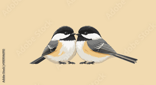 Two small birds sitting together facing.