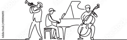 Jazz Band Continuous One Line Drawing Musicians Playing Piano Trumpet and Double Bass Illustration