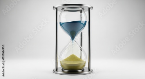 Elegant hourglass with blue and yellow sand, symbolizing the relentless march of time's progression