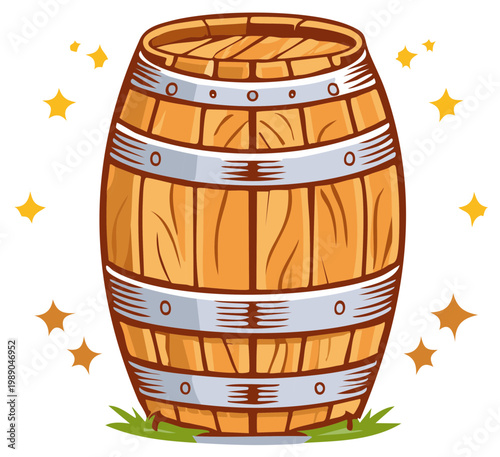 Cartoon Wooden Barrel with Metal Hoops and Decorative Stars