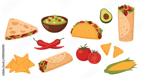 Delicious selection of Mexican food icons including tacos burritos quesadillas nachos guacamole and fresh ingredients like corn and tomato.