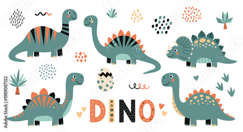 Cute collection of flat style dinosaur characters including stegosaurus and triceratops for kids education design.
