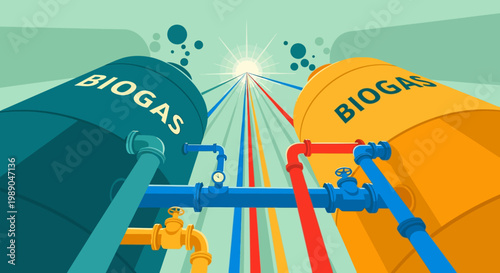 A dynamic illustration portrays two large biogas tanks connected by a complex network of colorful pipelines, symbolizing sustainable energy and a cleaner future.