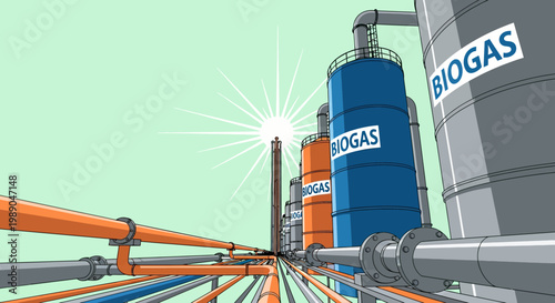 A graphic illustration showcasing an advanced industrial biogas production facility with prominent storage tanks and extensive pipe networks, emphasizing clean renewable energy.