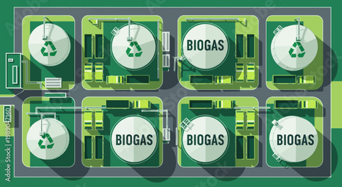 An aerial illustration of a biogas facility with tanks labeled 'BIOGAS' and recycling symbols, representing sustainable energy.