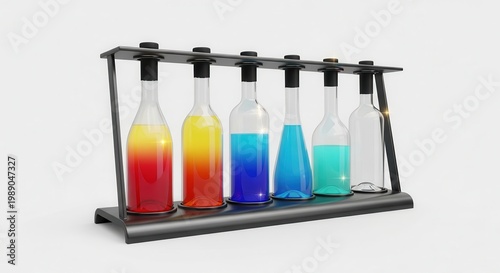 A captivating display of colorful liquid gradients within an elegant scientific rack arrangement
