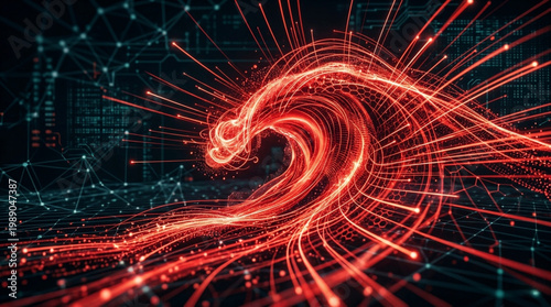 Gelombang digital merah cerah dengan jejak cahaya dinamis
