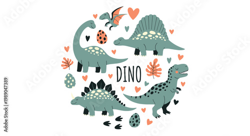 Circular composition of cute dinosaurs hearts and eggs for nursery decoration and children education products.
