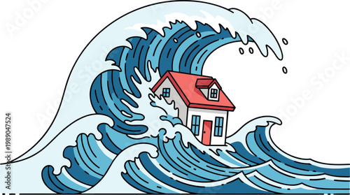 Cartoon house struggling to stay afloat in a massive ocean wave, symbolizing real estate challenges and natural disasters.