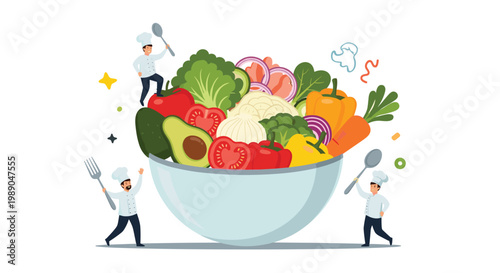 Tiny chefs working together around a giant bowl of fresh vegetable salad in a creative cooking concept.