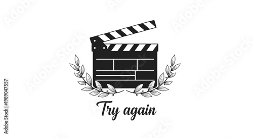 Movie clapperboard with laurel wreath and try again text for film production and motivation concept design.