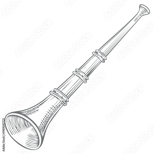 Line art illustration of an Alpine horn, a long conical wooden wind instrument