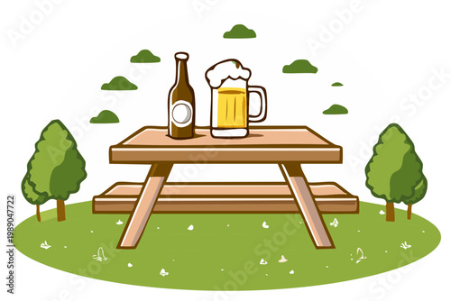 Picnic table with beer bottle and mug in a park setting with trees and clouds
