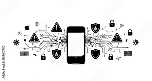 Mobile security and network threat icons with security, firewall