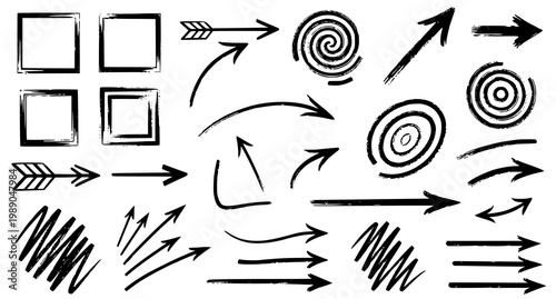 Set of hand-drawn arrows squares swirls with illustration, background
