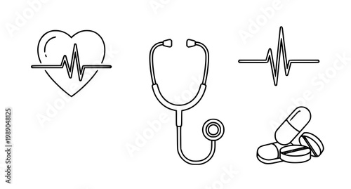 Medical icons: heartbeat stethoscope pills with stethoscope, medicine