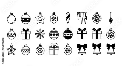 Christmas icons set: ornaments gifts snowflakes bells with christmas