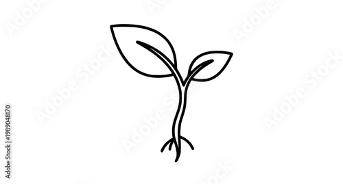 Simple line art icon of a sprouting plant with roots, represents growt