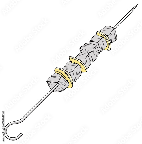 Cartoon illustration of a fresh kebab skewer with cubed meat and vegetable rings
