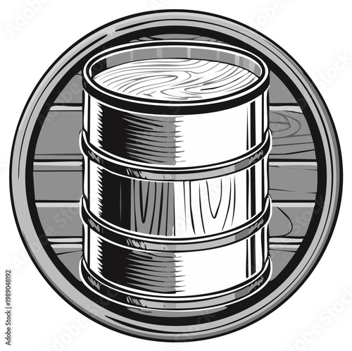 Vintage wooden barrel with metal bands, graphic icon design
