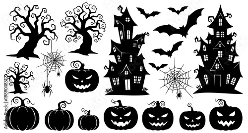 Spooky halloween elements silhouette collection with haunted houses