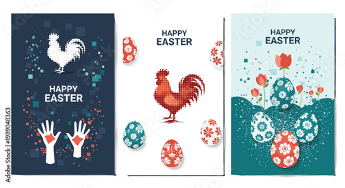 Collection of three happy Easter vertical greeting cards featuring roosters, decorated eggs, and floral patterns in a modern artistic style.