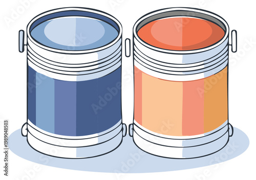 Illustration of two paint cans with blue and orange paint
