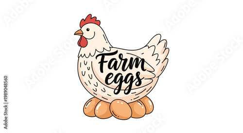 Hand-drawn hen sitting on several fresh farm eggs with a calligraphic text overlay promoting organic local poultry products.