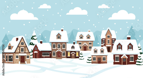 Peaceful winter village landscape at night with snow-covered brick houses, pine trees, and falling snowflakes under a soft blue sky.