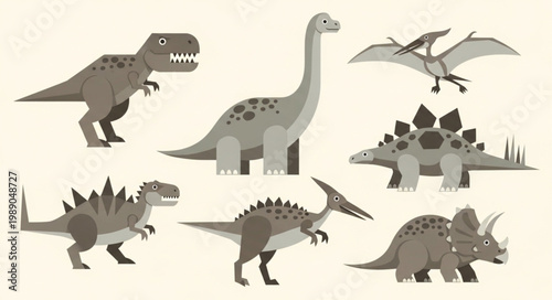 Collection of diverse cartoon dinosaurs in various poses and species.