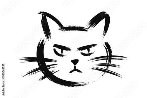 Aggressive cat face drawn with rough brush strokes.