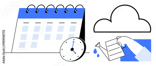 Productivity, time management, scheduling, growth, future planning, digital storage. A clock, calendar, cloud and watering hand productivity and time management concepts