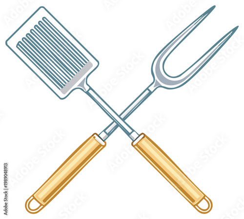 Barbecue Grill Tools Icon with Crossed Spatula and Carving Fork Vector Illustration