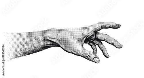 Halftone stippled illustration of a human hand reaching forward with fingers open creates a vintage artistic look on a white background.