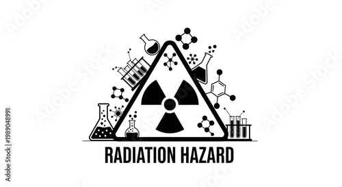 Radiation Hazard Symbol with Chemical Molecules and Lab Equipment
