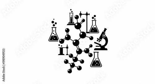 Science Icons: Molecule, Flasks, Microscope, Lab Equipment, Chemistry, Research
