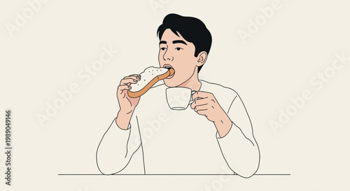 Man eating toast and drinking coffee.